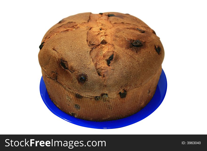 The big pie with raisin isolated on a white background