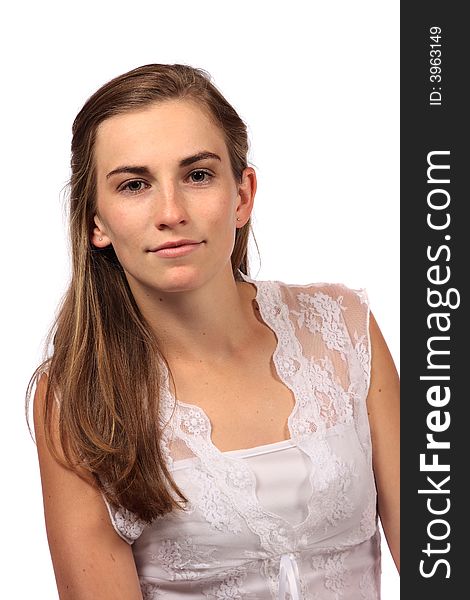 Model with soft lacey white top isolated. Model with soft lacey white top isolated