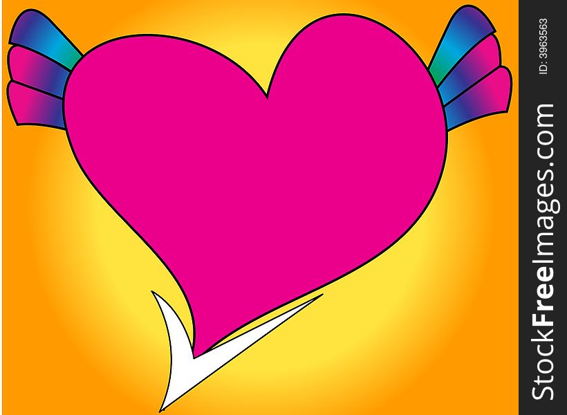 A heart in red in color in a contrast background and with a arrow below and with wings. A heart in red in color in a contrast background and with a arrow below and with wings.