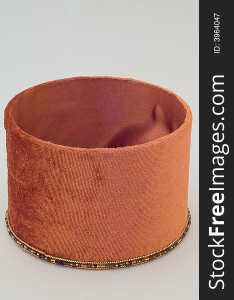 Photo of round gift box upholsteried with velvet. Photo of round gift box upholsteried with velvet