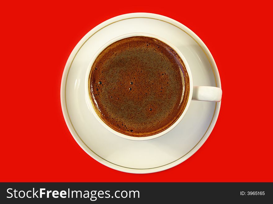 Black coffee in the white cup. red  backgrounds