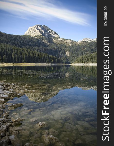 Reflection of the mountain peak on the lake