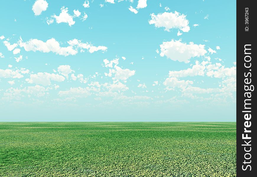 Green field and sky with white clouds. Green field and sky with white clouds