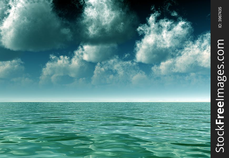 Thunderstorm coming. Sea and sky with puffy clouds