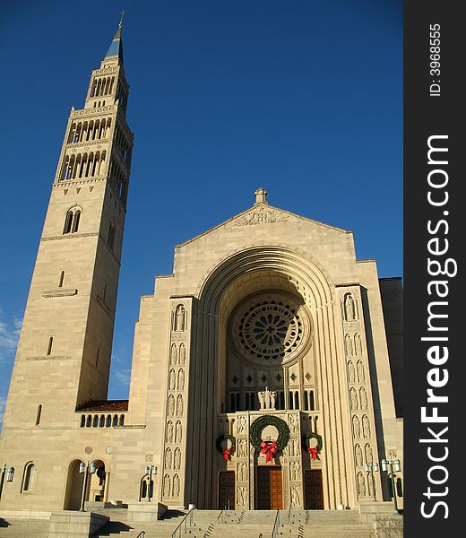 Photo of exterior of the Basilica of the National Shrine of the Immaculate Conception catholic church in Washington D.C. Photo of exterior of the Basilica of the National Shrine of the Immaculate Conception catholic church in Washington D.C.