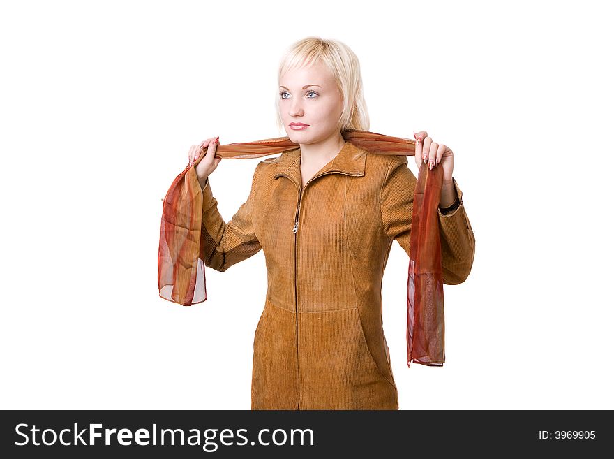 Woman in orange jacket with scarf