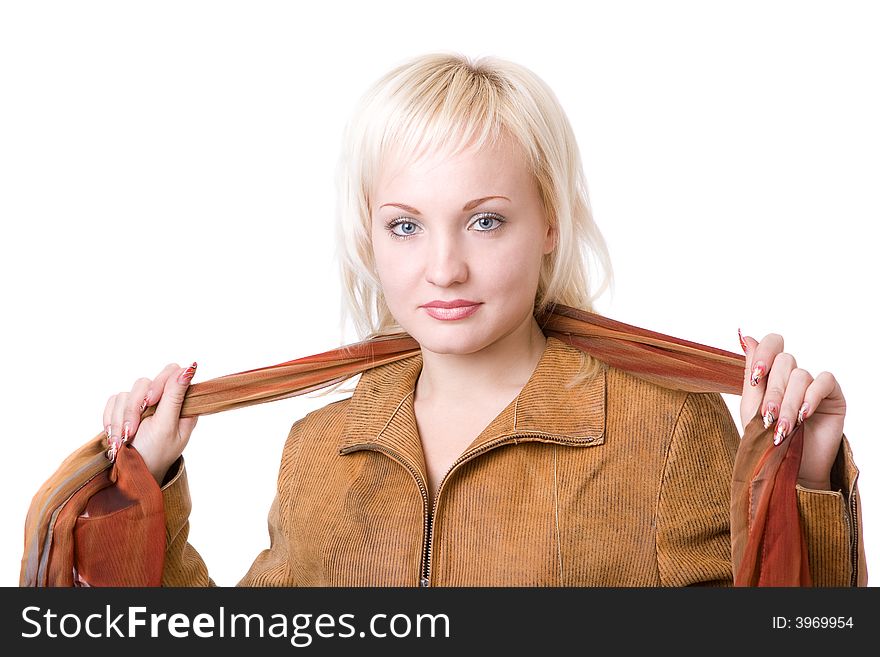 Young woman in orange jacket with scarf