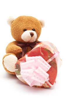 Classic Brown Teddy Bear With Heart-shaped Present Stock Photo Classic Brown Teddy Bear With Heart-shaped Present Stock Photo