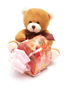 Classic Brown Teddy Bear With Heart-shaped Present Royalty Free Stock Photo Classic Brown Teddy Bear With Heart-shaped Present Royalty Free Stock Photo