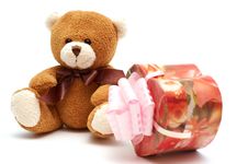 Classic Brown Teddy Bear With Heart-shaped Present Stock Images Classic Brown Teddy Bear With Heart-shaped Present Stock Images