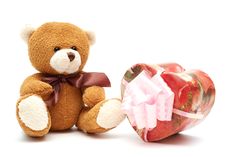 Classic Brown Teddy Bear With Heart-shaped Present Royalty Free Stock Image