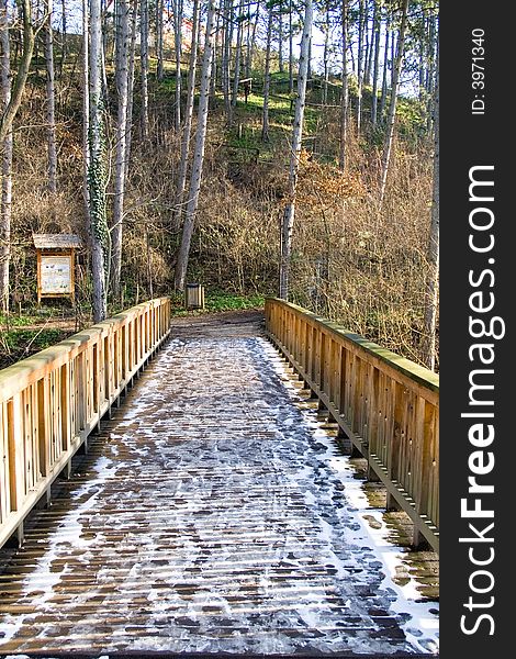 Wooden bridge in a park the frozen with snow. Wooden bridge in a park the frozen with snow.