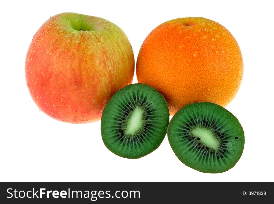 Apple, mandarin and kiwi fruit on a white background.