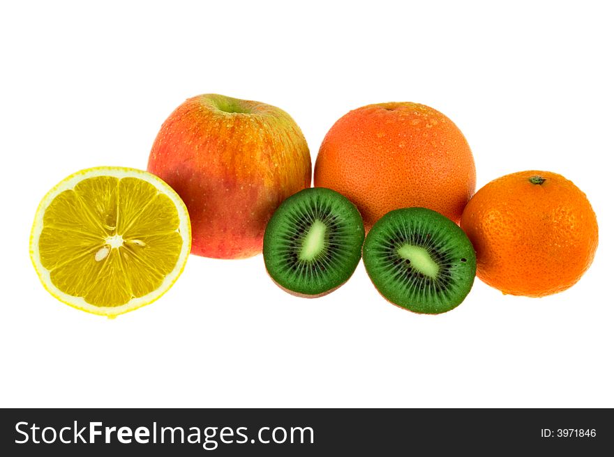 Apple, orange, mandarin, lemon and kiwi fruit on a white background.