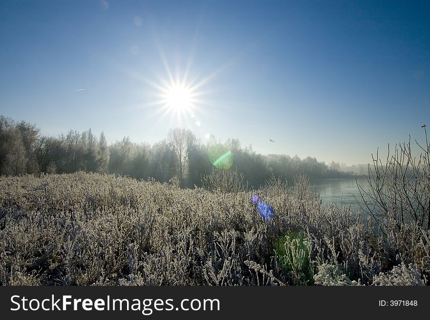 Sun reflecting winter wonderland landscape. Sun reflecting winter wonderland landscape