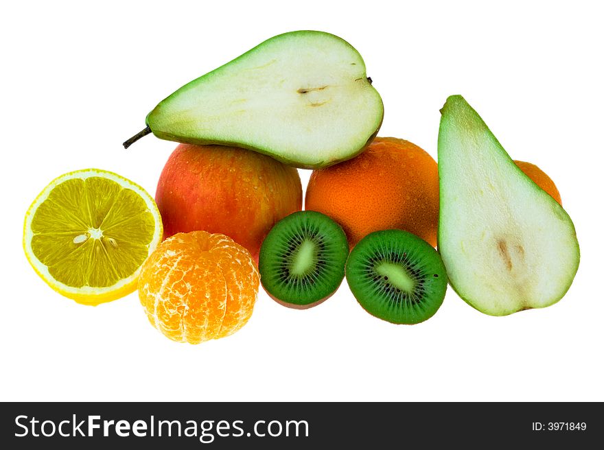 Apple, orange, mandarin, lemon, pear and kiwi fruit on a white background. Apple, orange, mandarin, lemon, pear and kiwi fruit on a white background.