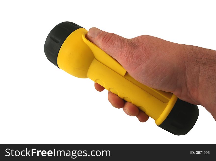 A Hand holding a yellow flashlight