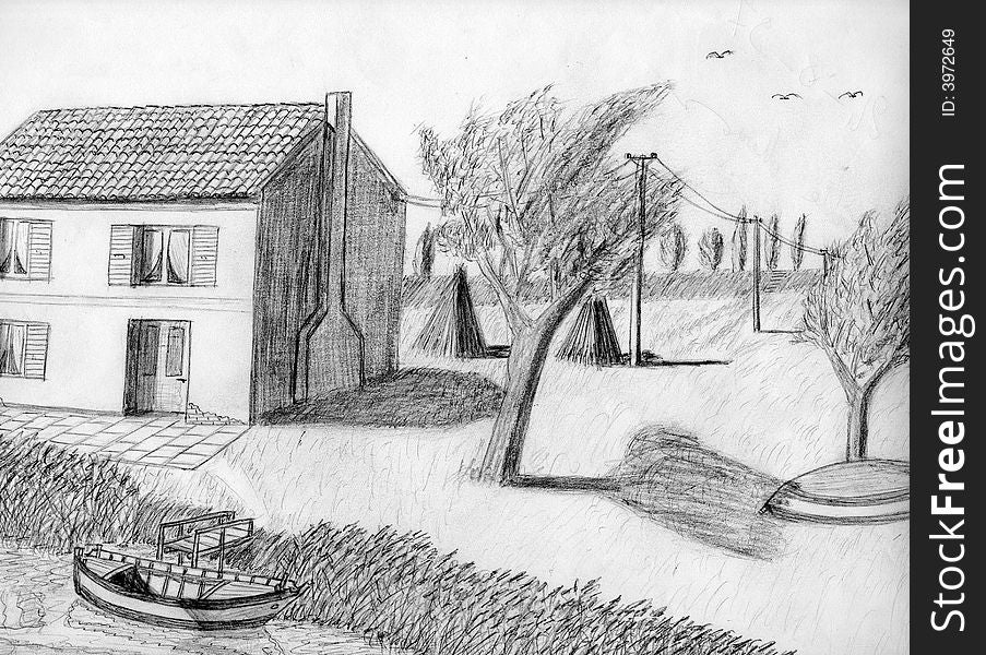 Drawing of the italian countryside on the Po river. Drawing of the italian countryside on the Po river.