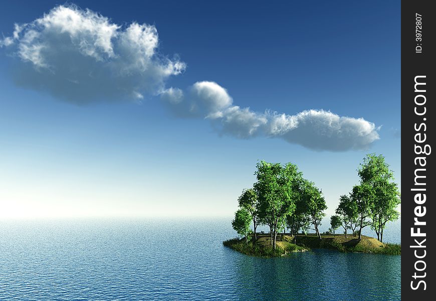 Birch trees on small lake island - 3d illustration. Birch trees on small lake island - 3d illustration