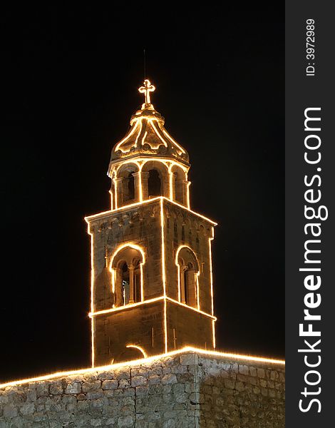 Church tower by night in Dubrovnik