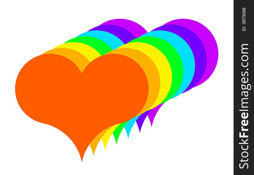 Seven hearts in colors of a rainbow on a white background