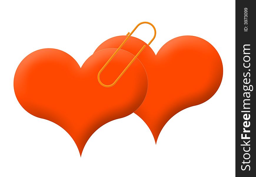 Two red hearts are connected by a writing paper clip. Two red hearts are connected by a writing paper clip