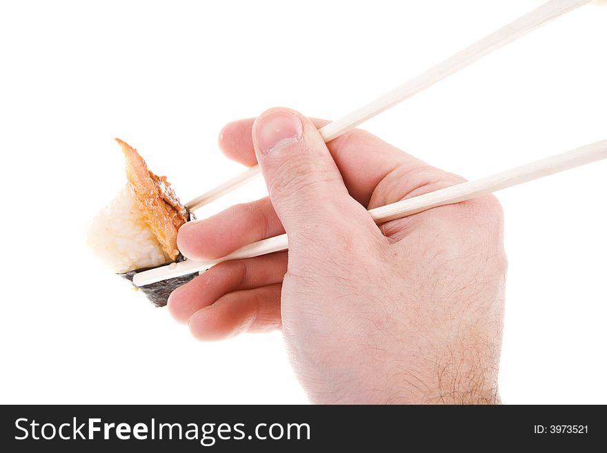 Hand with sushi on a white background(isolated)