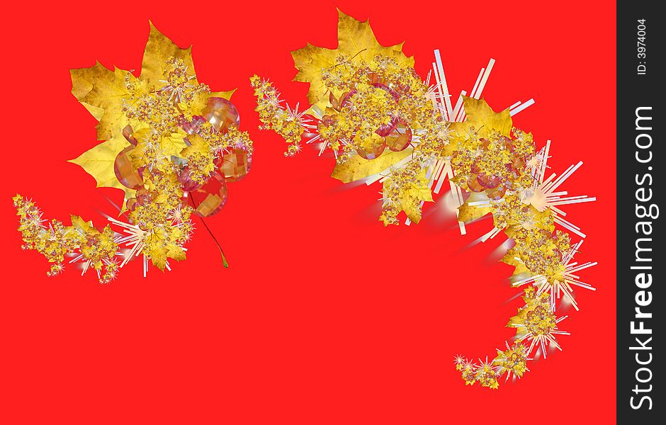 Maple leaves, star shape. Red background. Fractal frame.