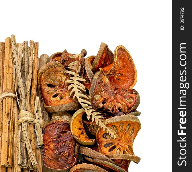 Unusual dried fruits with decorative cinnamon sticks