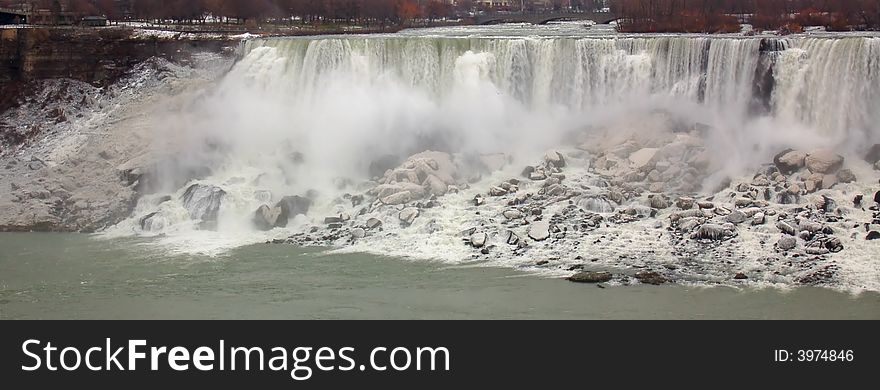 An image of the Niagara Falls in Ontario, Canada, taken in the winter season.