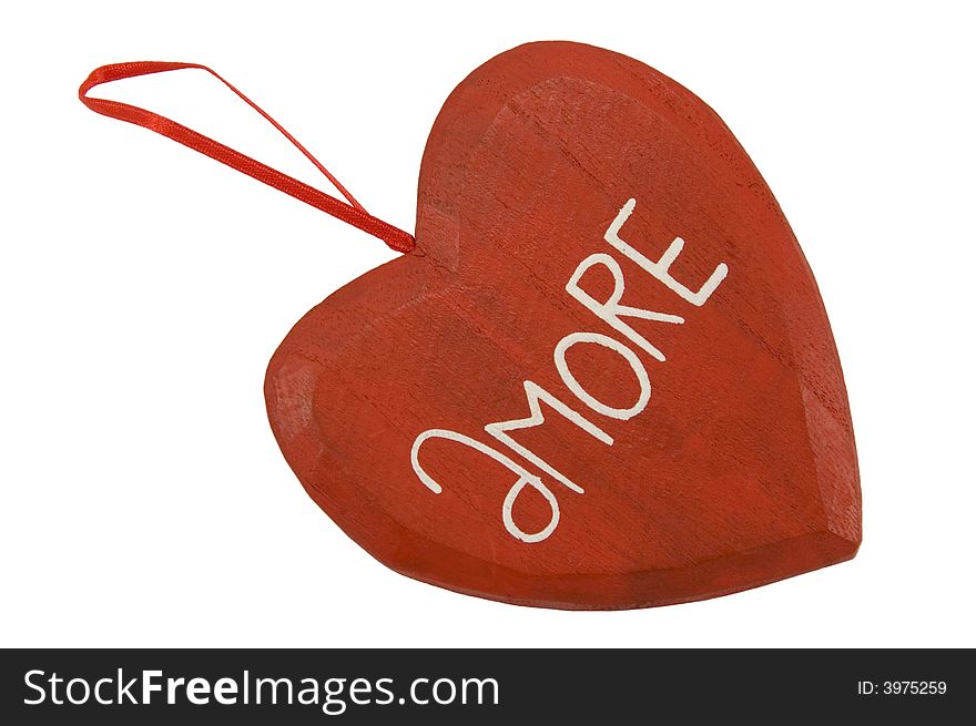 Red wooden heart isolated on white to valentine day.