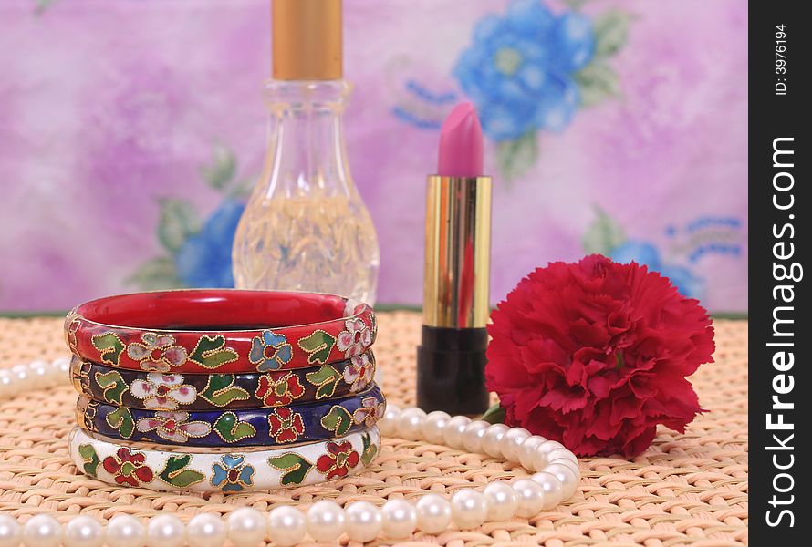 Vintage Bracelets with Pearl Necklace, Flower and Cosmetics. Vintage Bracelets with Pearl Necklace, Flower and Cosmetics