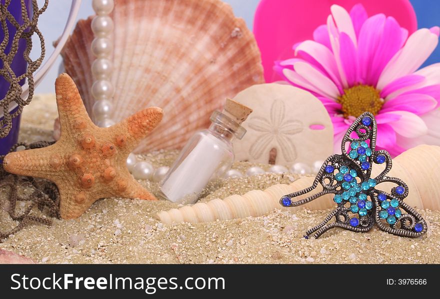 Sea Shells With Flower and Jewelry on Sand With Water Reflection. Sea Shells With Flower and Jewelry on Sand With Water Reflection