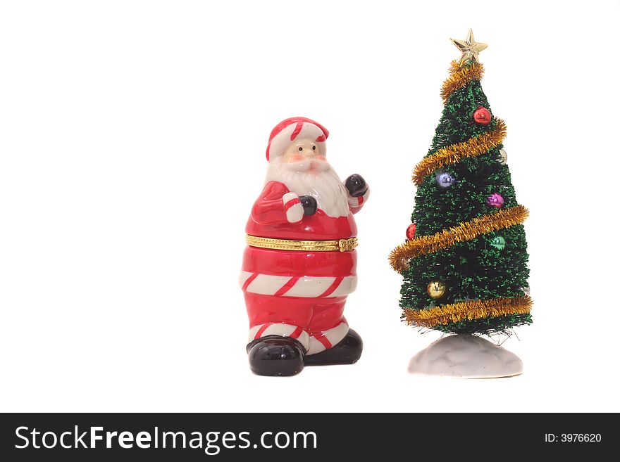 Santa Clause and Christmas Tree Isolated on White Background