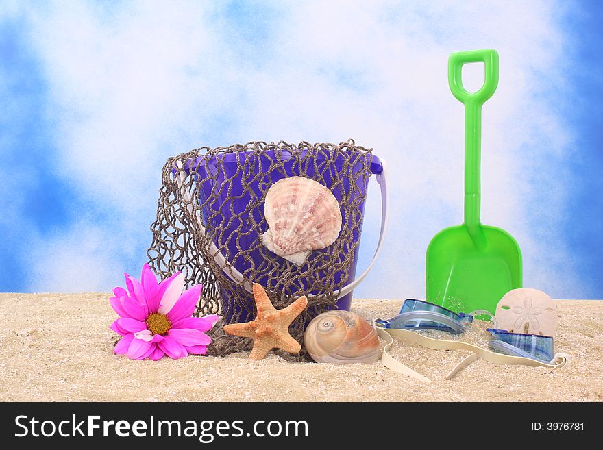 Sand Pail With Sea Shells and Flower. Sand Pail With Sea Shells and Flower