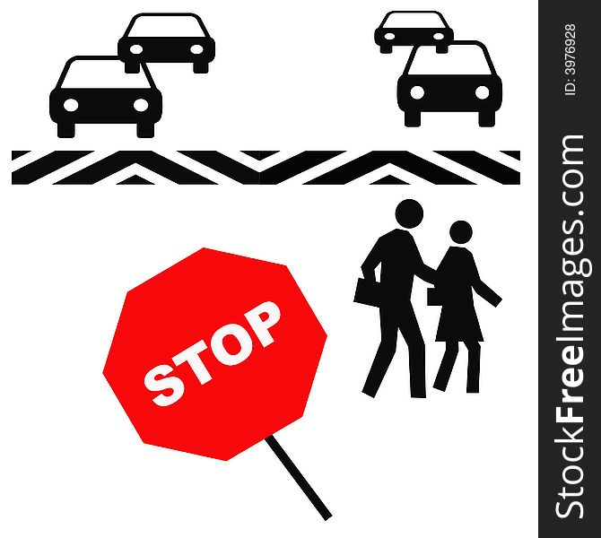 Pedestrians in a crosswalk with red stop sign illustration. Pedestrians in a crosswalk with red stop sign illustration