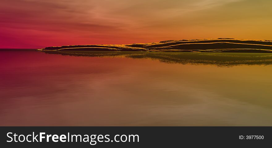 Computer generated Landscape with water, sky and mountains