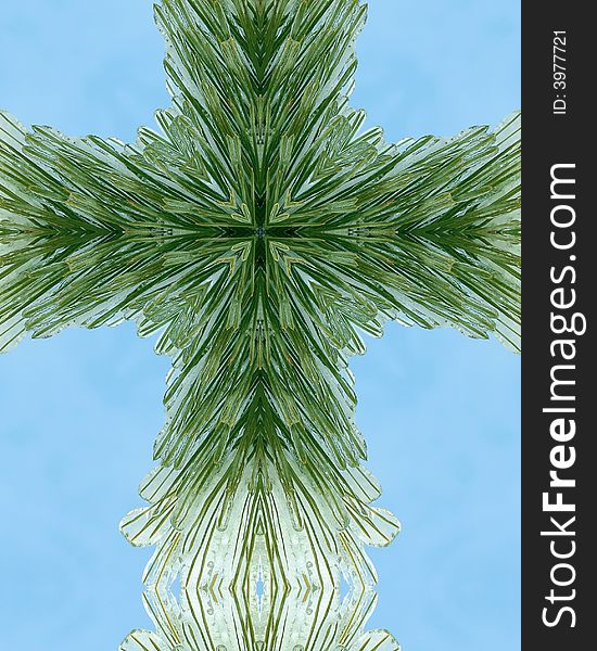 Kaleidoscope cross:  layer of ice on pine needles. Kaleidoscope cross:  layer of ice on pine needles