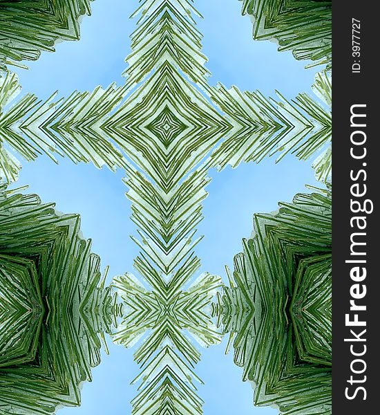 Kaleidoscope cross:  layer of ice on pine needles. Kaleidoscope cross:  layer of ice on pine needles