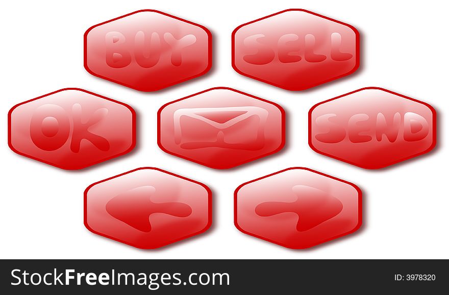 9 red bee buttons with a signs on a white background