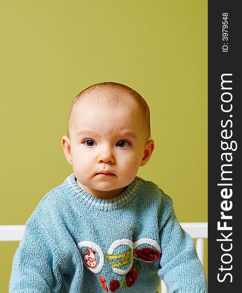 Portrait of little baby in crib. Portrait of little baby in crib