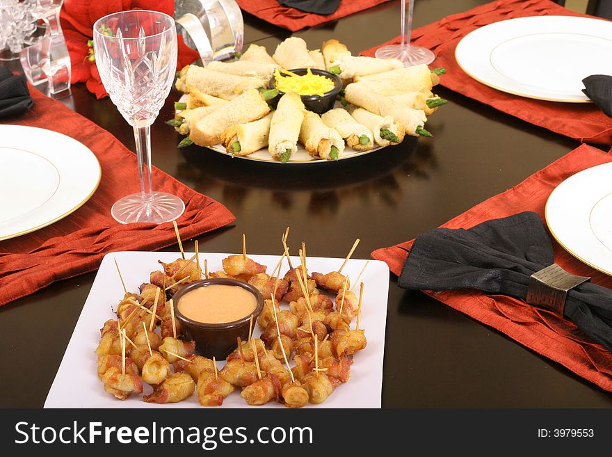 Shot of bacon appetizers and asparagus rolls