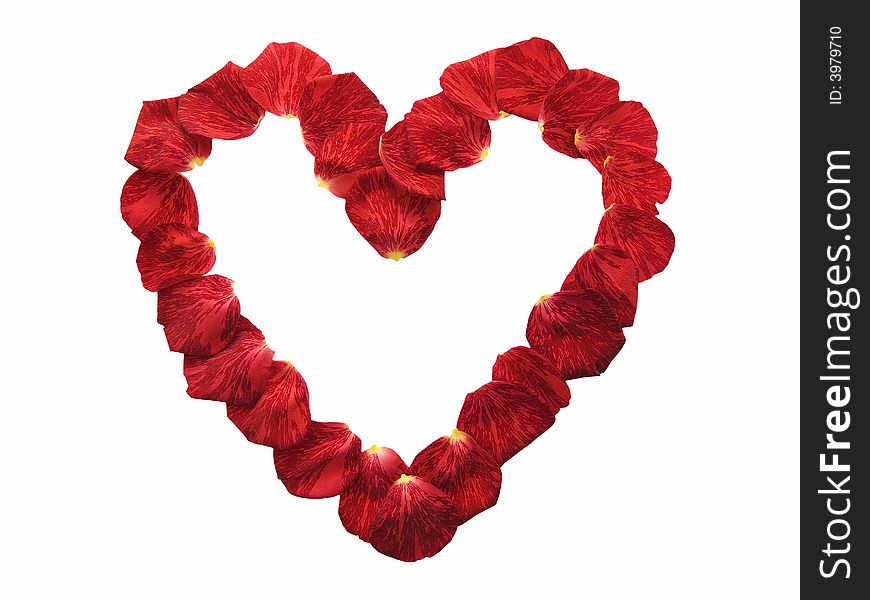 Heart shape made of red rose petals isolated on white. Heart shape made of red rose petals isolated on white