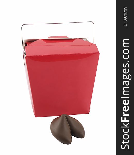 Chocolate covered fortune cookie and take-out box isolated on white. Chocolate covered fortune cookie and take-out box isolated on white