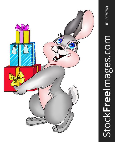Happy joyful hare with gift boxes. Happy joyful hare with gift boxes