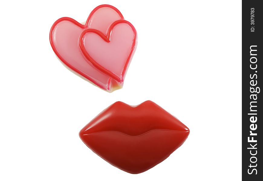 Heart shapes and red lips isolated on white. Heart shapes and red lips isolated on white