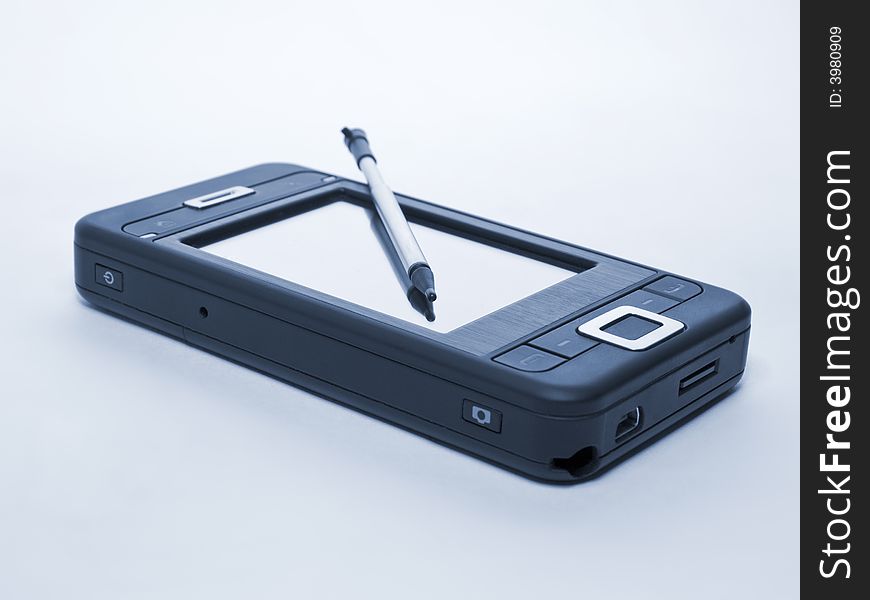 Closeup of smartphone isolated. blue tonemapped. Closeup of smartphone isolated. blue tonemapped