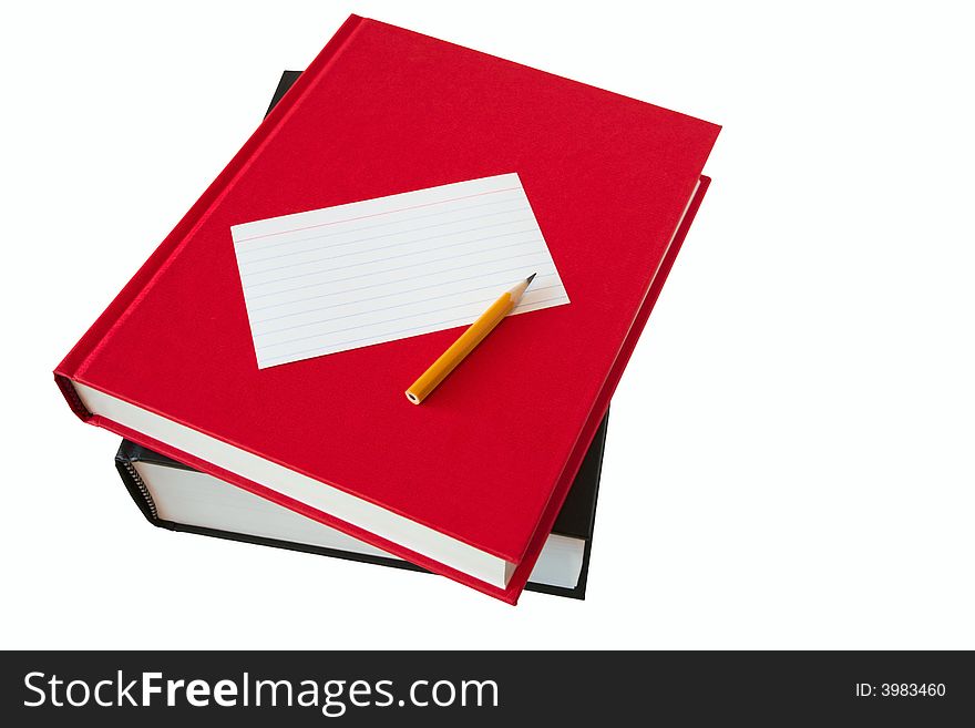 Books, pencil and notepaper isolated on a white background