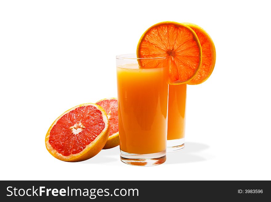 Grapefruit juice and grapefruits isolated on white