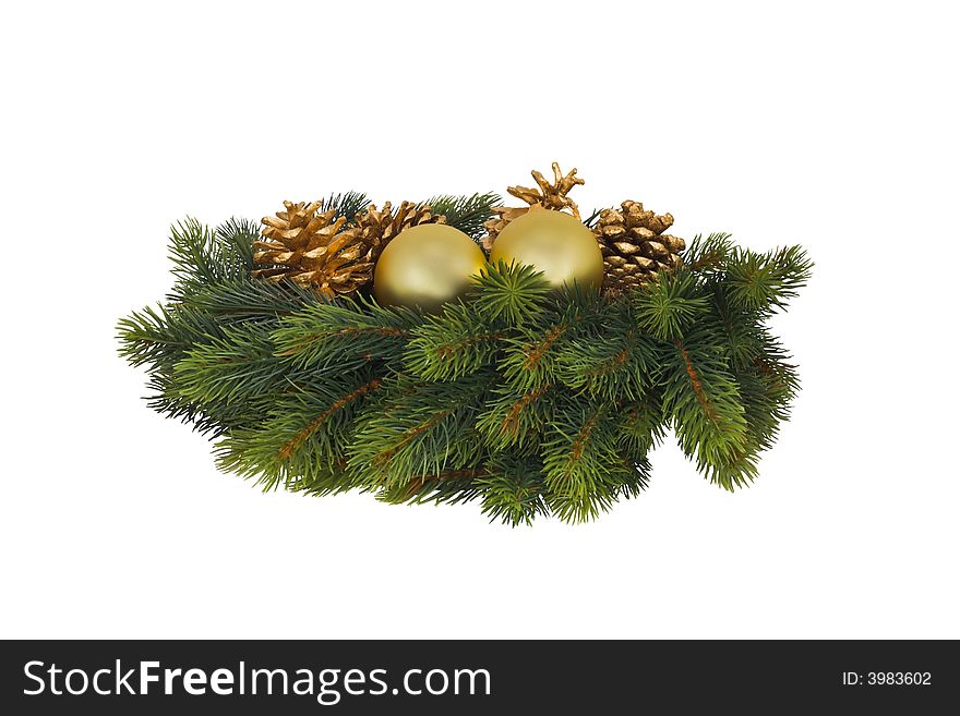 Glass balls and gold cones on christmas tree branch. Glass balls and gold cones on christmas tree branch